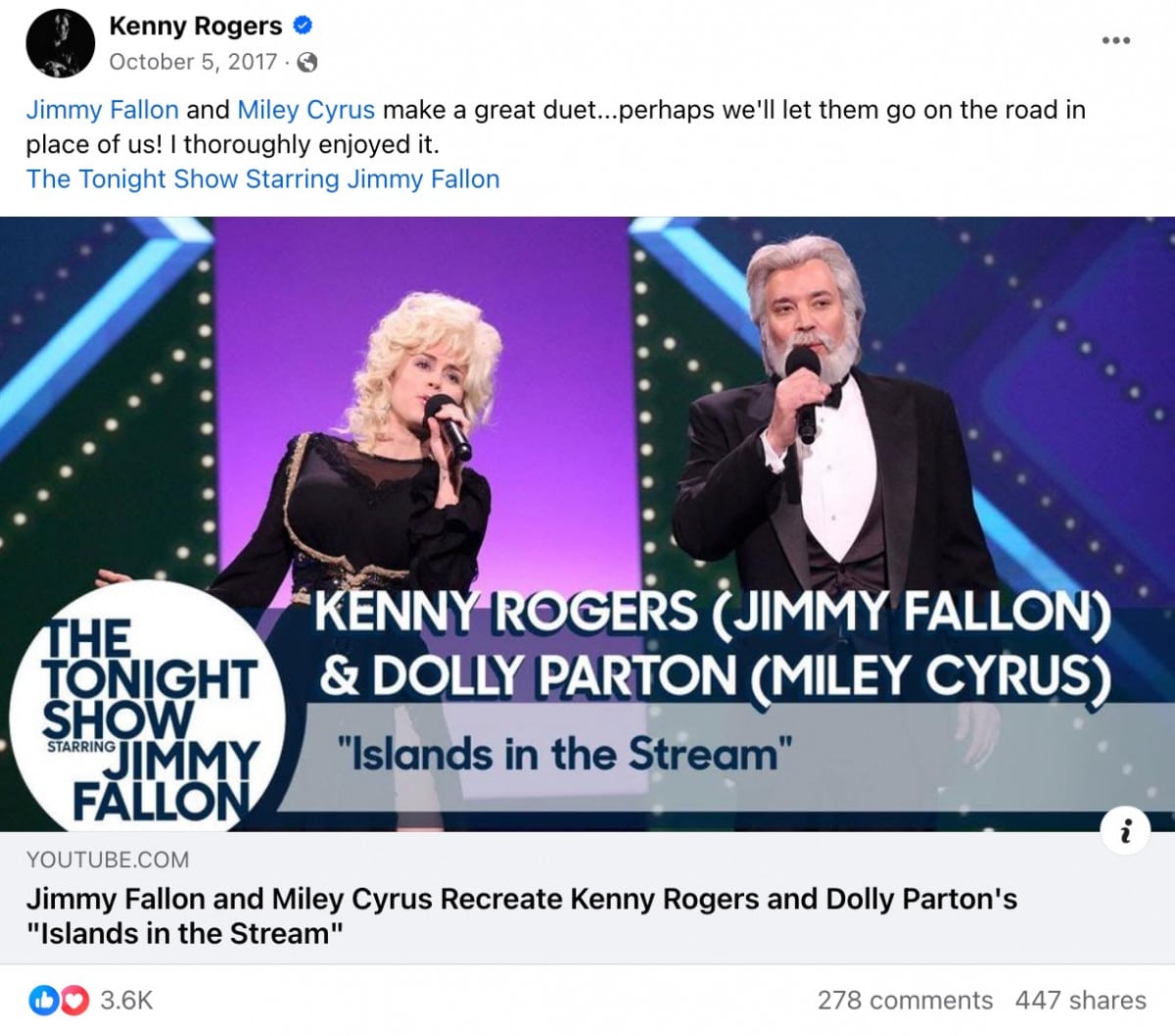Kenny Rogers' reaction to Jimmy Fallon and Miley Cyrus performing as Kenny and Dolly