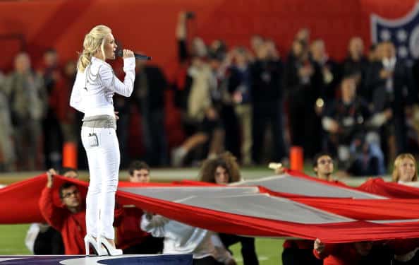 Carrie Underwood sings the National Anthem before the Super Bowl in 2010