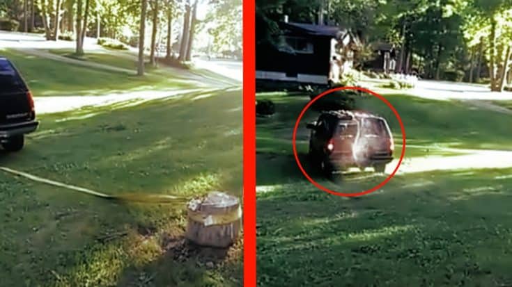 Stump Flies Through Rear Windshield After Truck Pulls It Up | Country Music Videos
