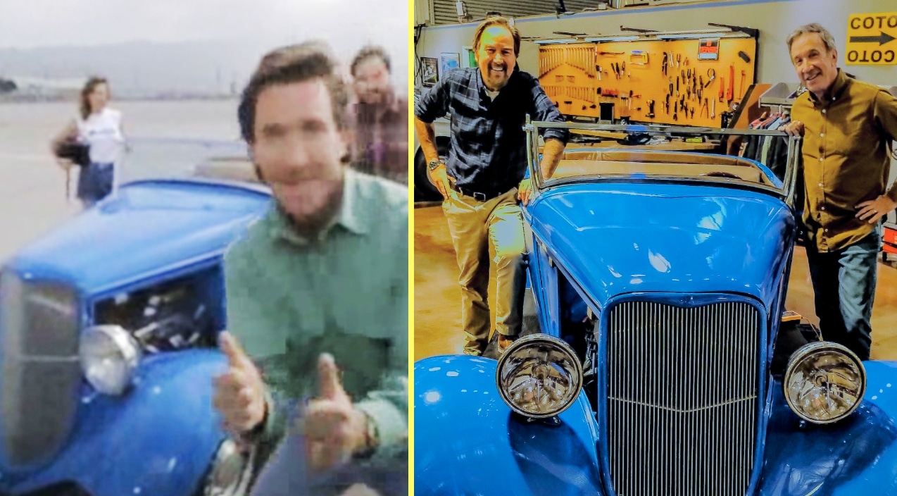 Tim Allen And Richard Karn Pose With Hot Rod From “tool Time” On Set Of