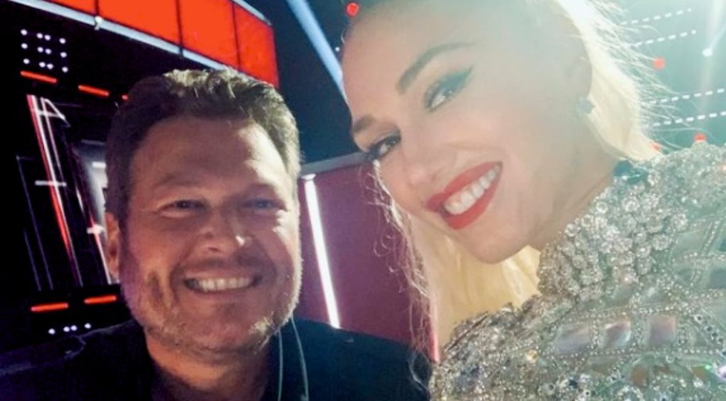 Blake Shelton and Gwen Stefani on the set of "The Voice"