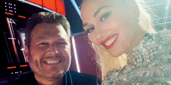 Blake Shelton and Gwen Stefani on the set of "The Voice"