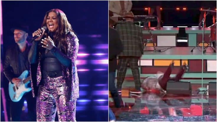 The Voice: Team Blake’s Wendy Moten Takes A Hard Fall On Stage During Live Show | Country Music Videos