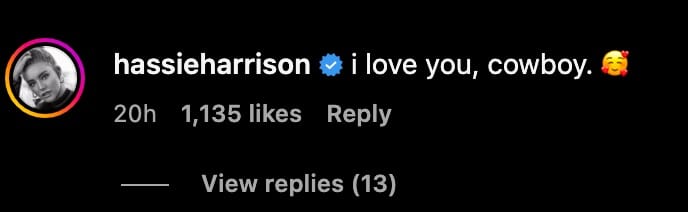 Hassie Harrison's comment on boyfriend Ryan Bingham's stagram post.