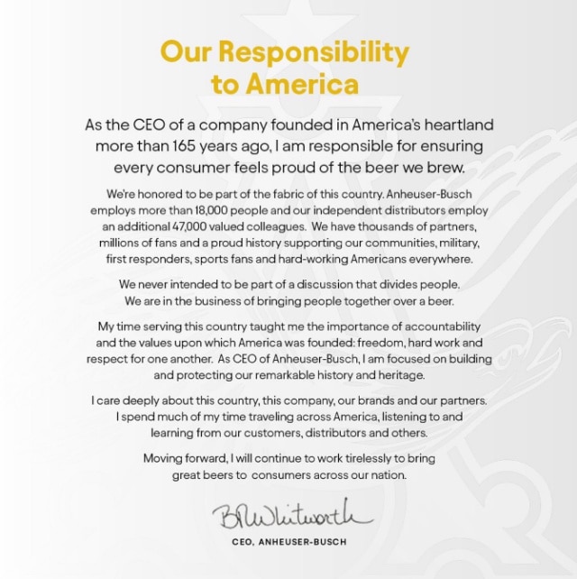 Statement from Anheuser-Busch CEO Brendan Whitworth