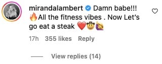 Miranda Lambert's comment on husband Brendan McLoughlin's post-workout selfies