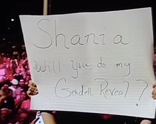 The sign Shania Twain noticed in the crowd asking if she could help with a fan's baby gender reveal
