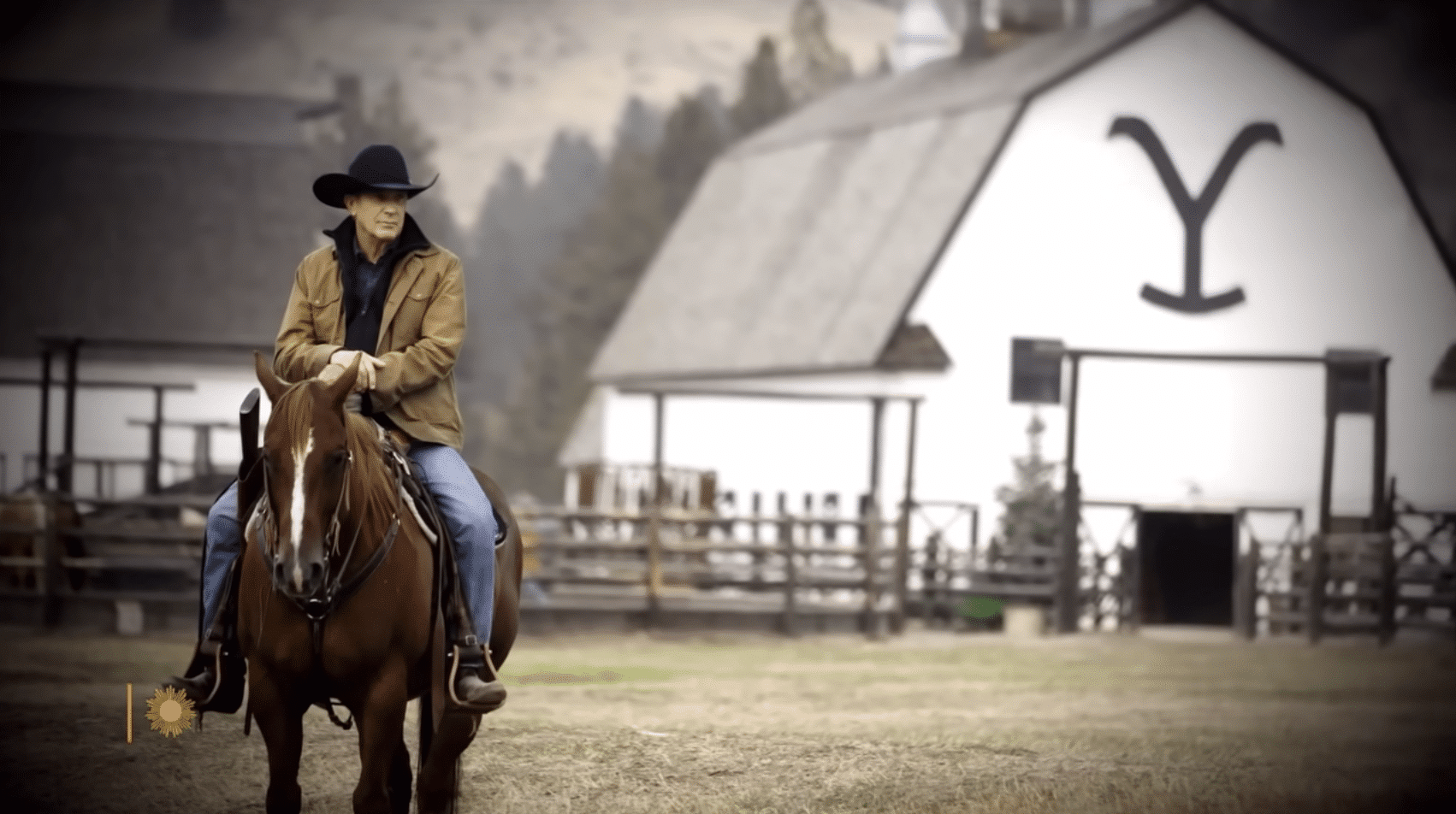 Kevin Costner rides away from the Yellowstone Ranch.