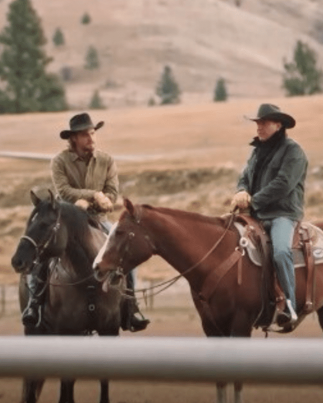 Luke Grimes and Kevin Costner as their characters in Yellowstone