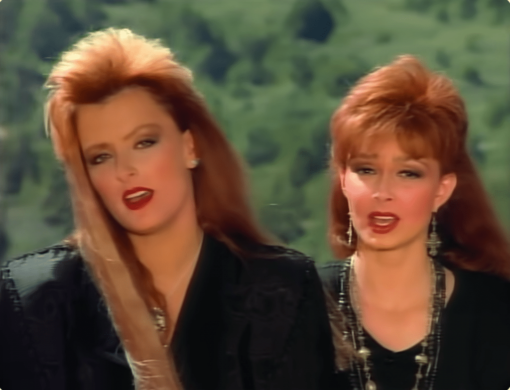 Wynonna and Naomi Judd in their "Love Can Build a Bridge" video.