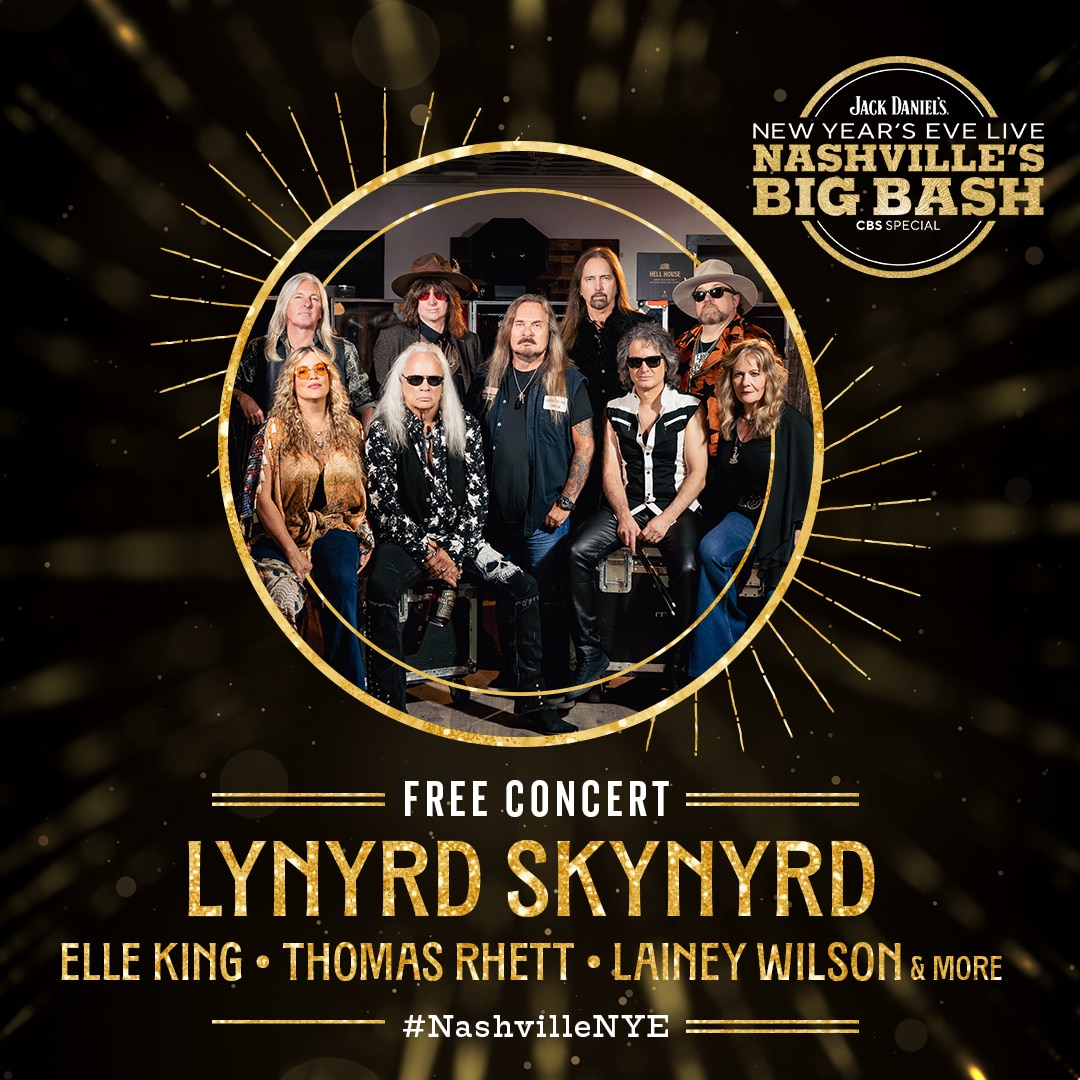Promotional Image for Nashville's New Year's Eve bash in 2023, featuring Lainey Wilson, Lynyrd Skynyrd, and Elle King