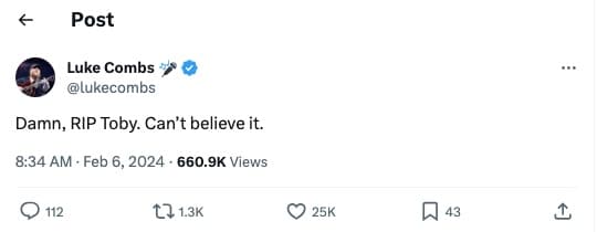 Luke Combs shared this post after Toby Keith died