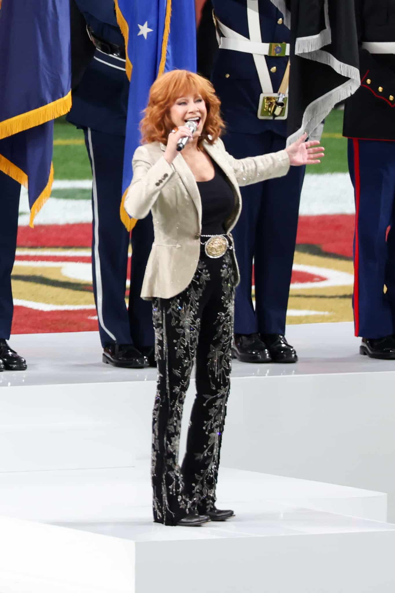 Reba McEntire performs at the Super Bowl LVIII Pregame held at Allegiant Stadium on February 11, 2024 in Paradise, Nevada. (Photo by Christopher Polk/Billboard via Getty Images)