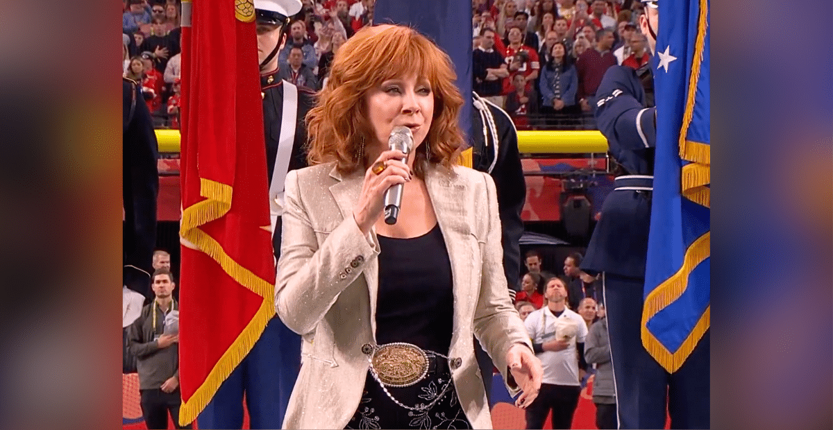 Reba McEntire performs the National Anthem at the 2024 Super Bowl.