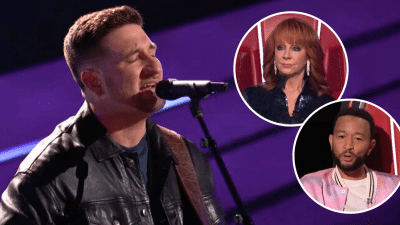 Rob Cole, pictured in the background, auditions for Season 25 of "The Voice." Coaches Reba McEntire and John Legend appear in the circle photo inlays.