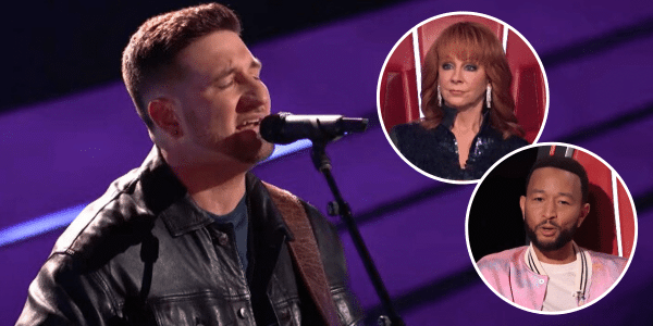 Rob Cole, pictured in the background, auditions for Season 25 of "The Voice." Coaches Reba McEntire and John Legend appear in the circle photo inlays.