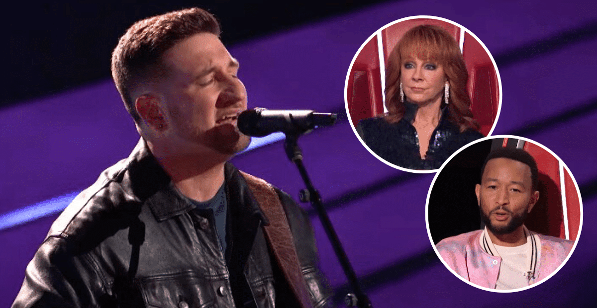 Rob Cole, pictured in the background, auditions for Season 25 of "The Voice." Coaches Reba McEntire and John Legend appear in the circle photo inlays.