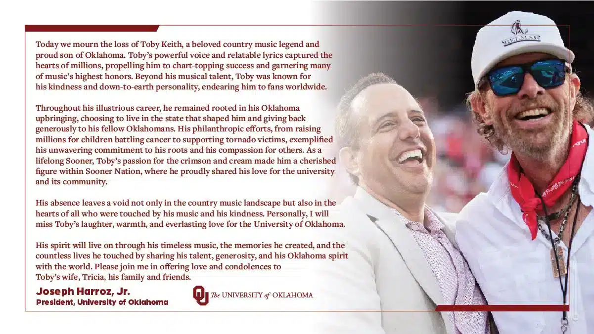 The University of Oklahoma's president tribute to Toby Keith.