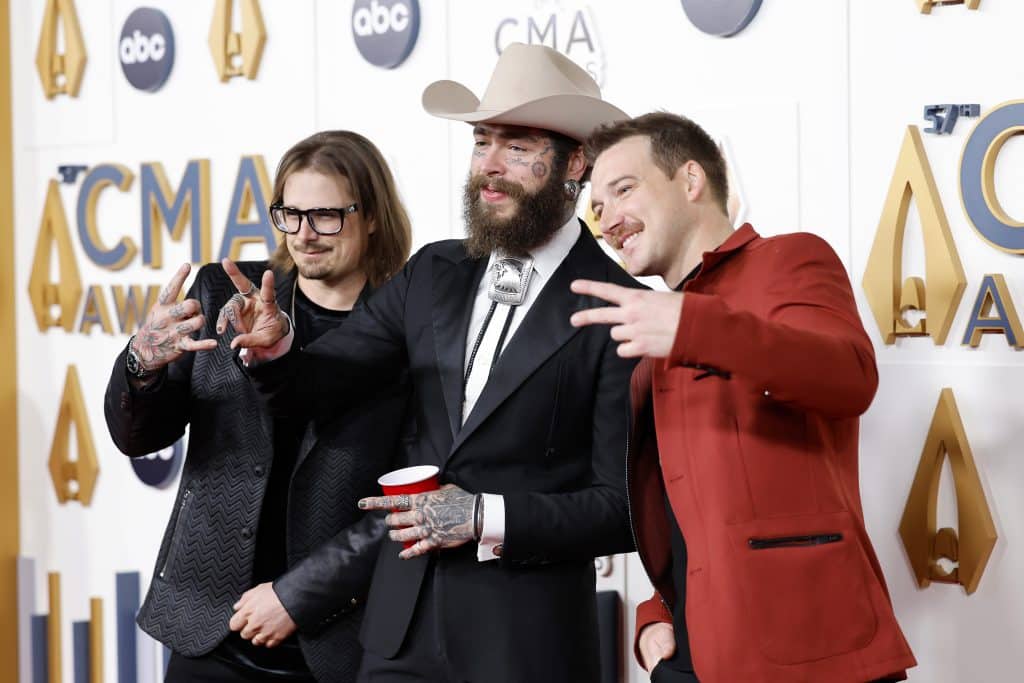 Post Malone attends the 2023 CMA Awards with HARDY and Morgan Wallen