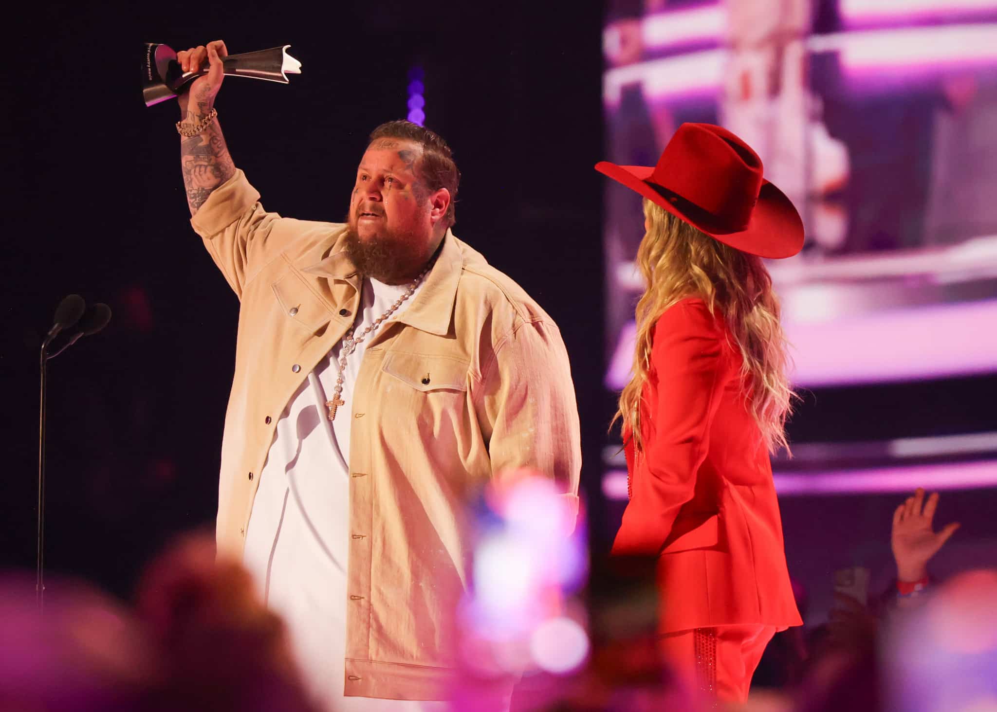 Jelly Roll and Lainey Wilson win the Music Event of the Year award for "Save Me" at the 59th Academy of Country Music Awards from Ford Center at The Star on May 16, 2024 in Frisco, Texas. (Photo by Gareth Patterson/Penske Media via Getty Images)