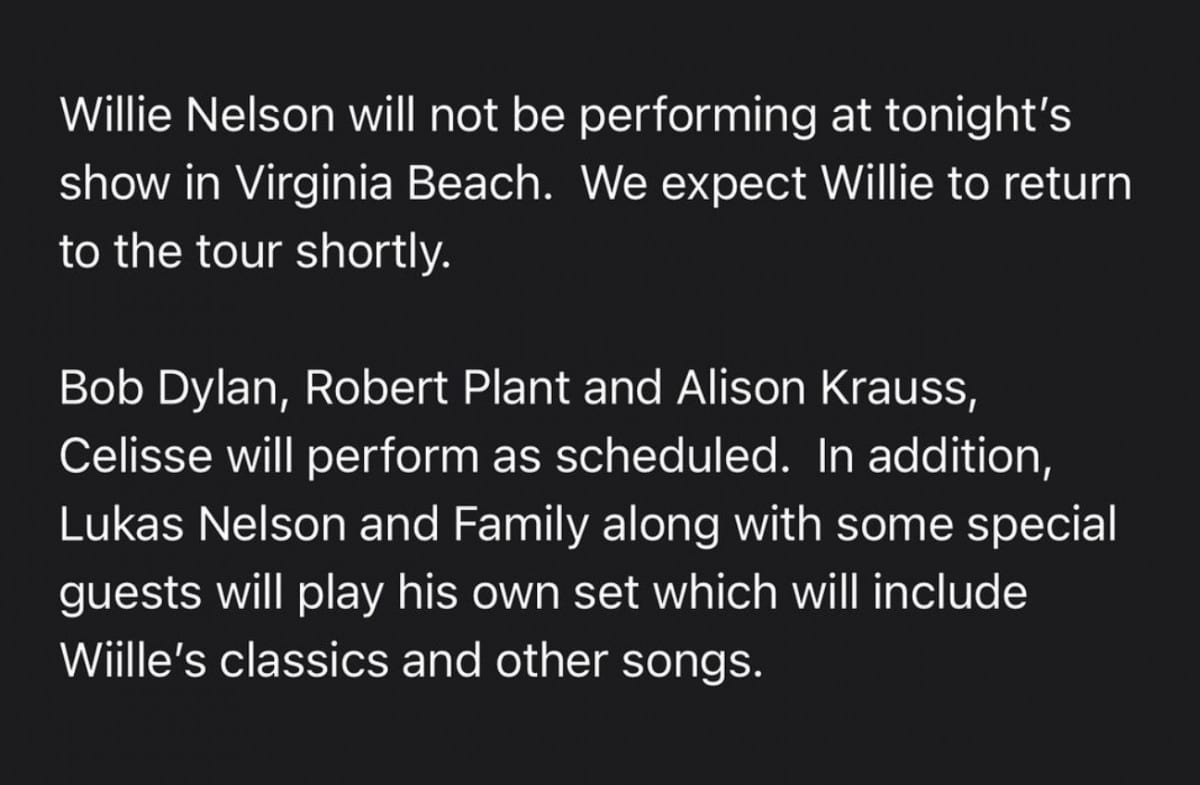 Willie Nelson cancels his appearance at Outlaw Music Festival