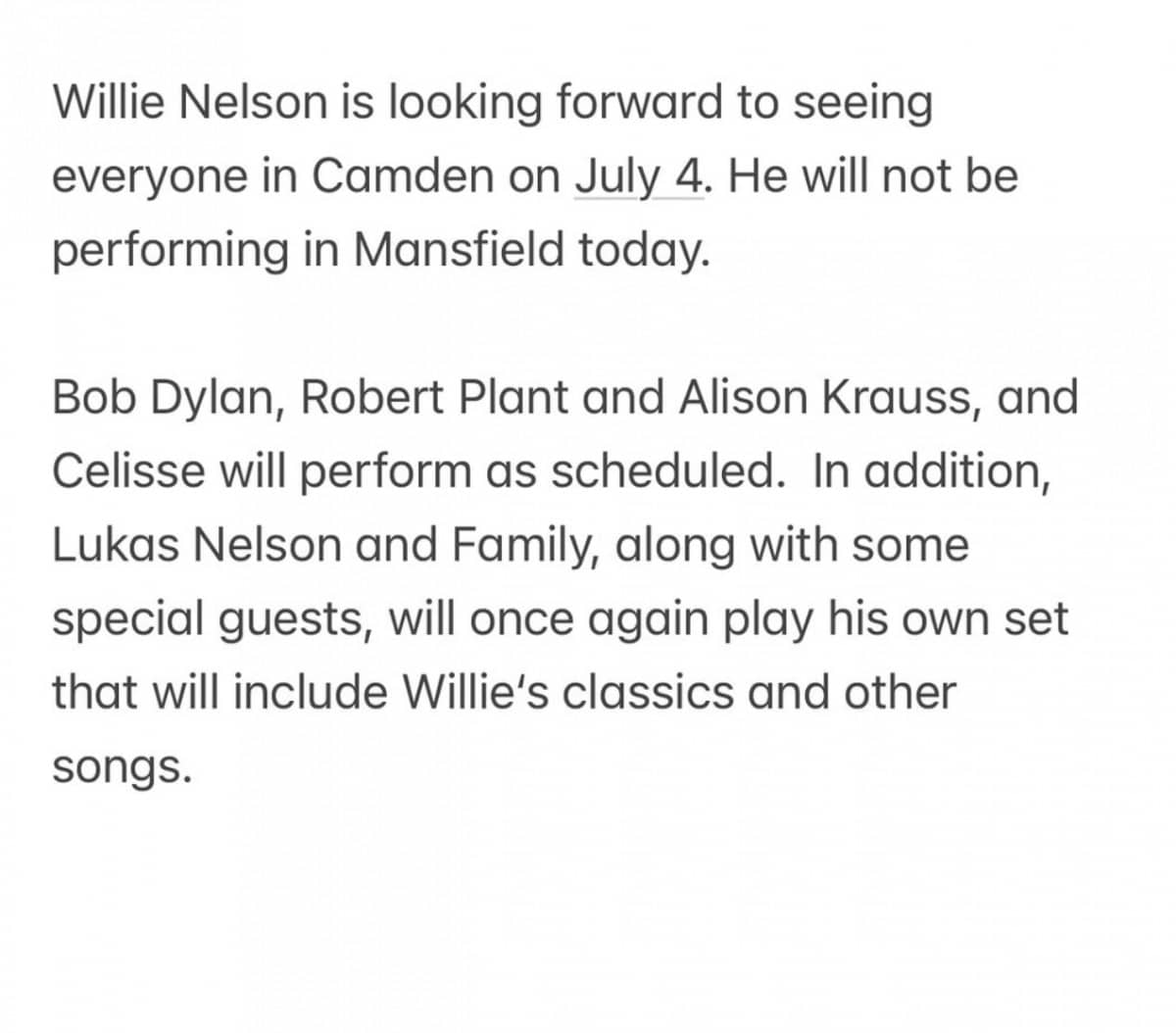 Willie Nelson cancels his appearance at Outlaw Music Festival