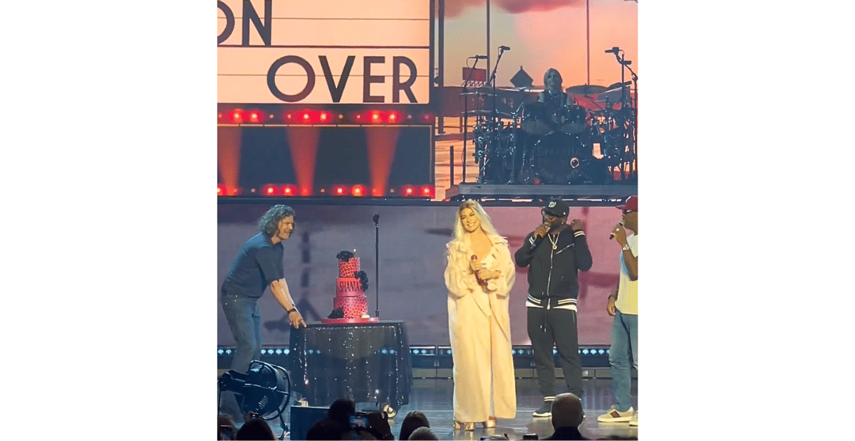 Boyz II Men surprise Shania Twain with birthday cake.