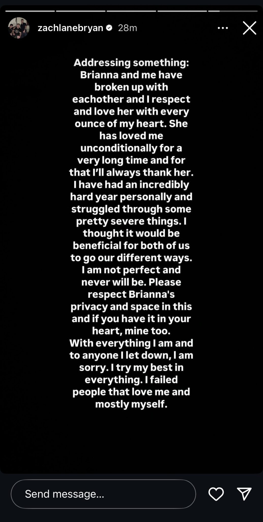 Zach Bryan's statement, revealing he and his girlfriend broke up