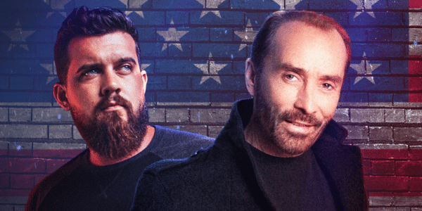 Lee Greenwood and Drew Parker with an American flag background