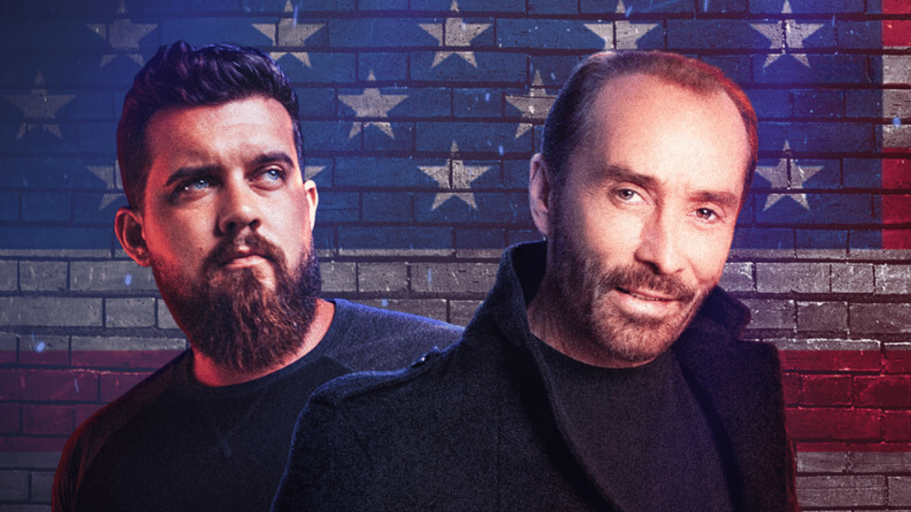 Lee Greenwood and Drew Parker with an American flag background