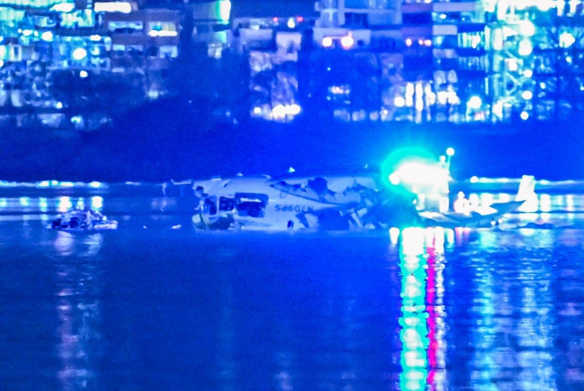 Wreckage of the American Airlines plane after colliding with an Army helicopter and landing in the Potomac River in Washington, D.C. 