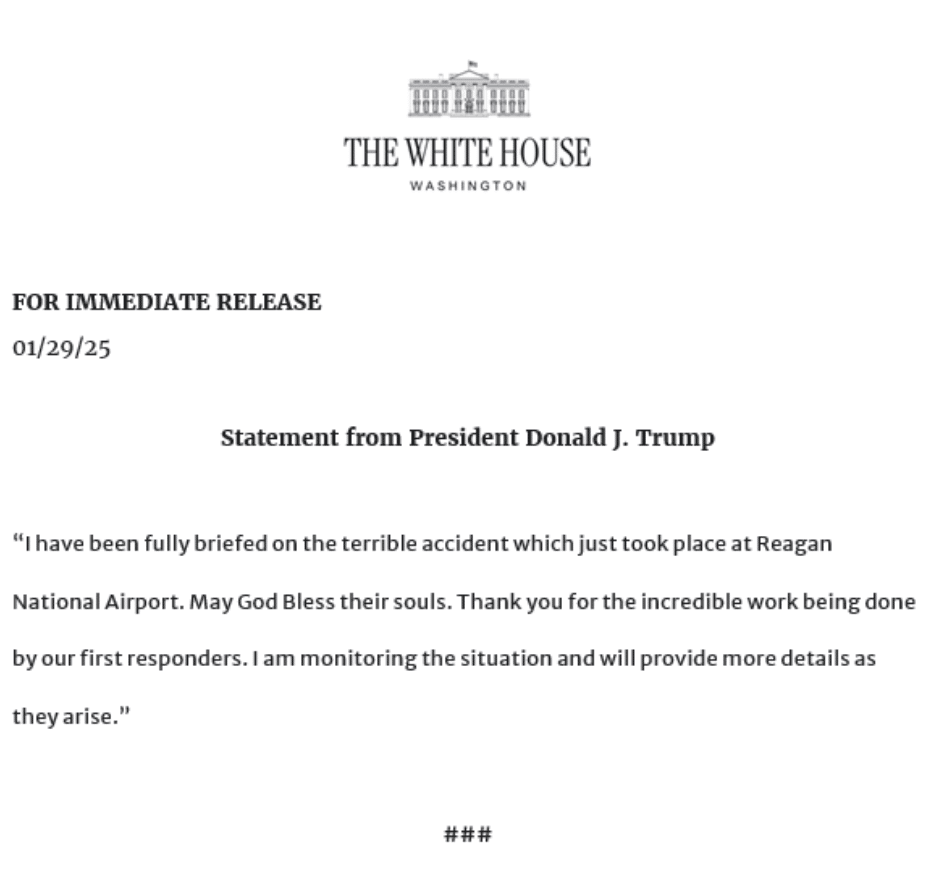 President Donald Trump issued a statement regarding the plane and helicopter collision near Washington, D.C. 