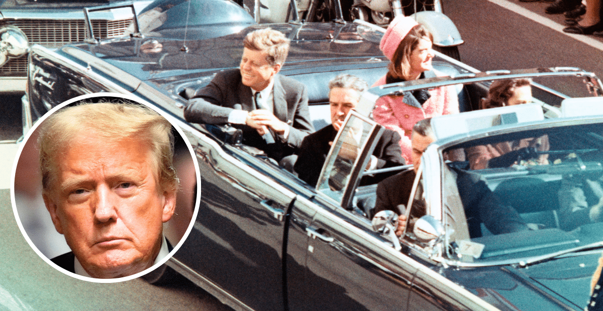 John F Kennedy and his wife Jacqueline on November 22, 1963, the day of his assassination, and an inlayed photo of President Trump, who released previously hidden files about his death.