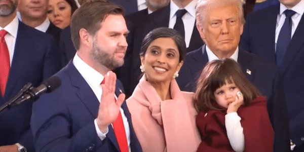 Usha Vance reacts as her husband JD Vance is sworn in as Vice President