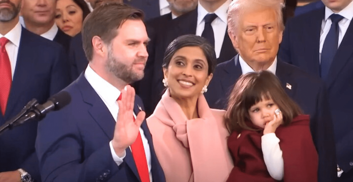 Usha Vance reacts as her husband JD Vance is sworn in as Vice President