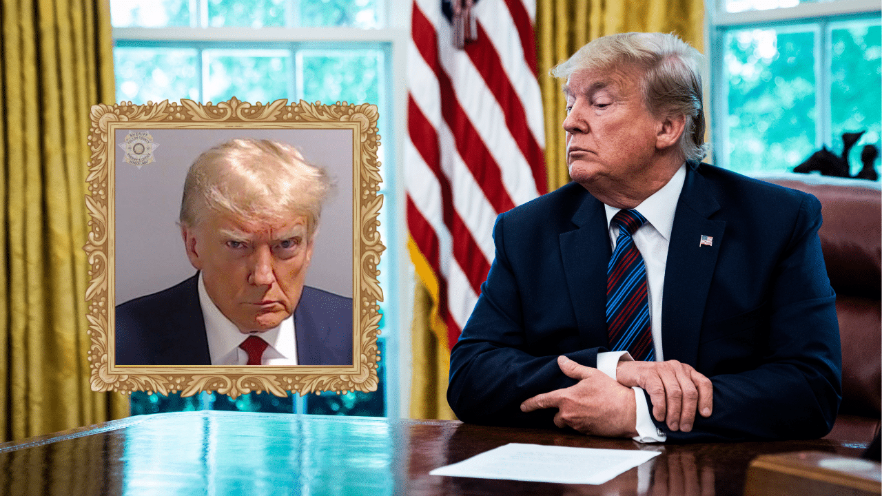 Donald Trump hangs his mugshot outside of the Oval Office