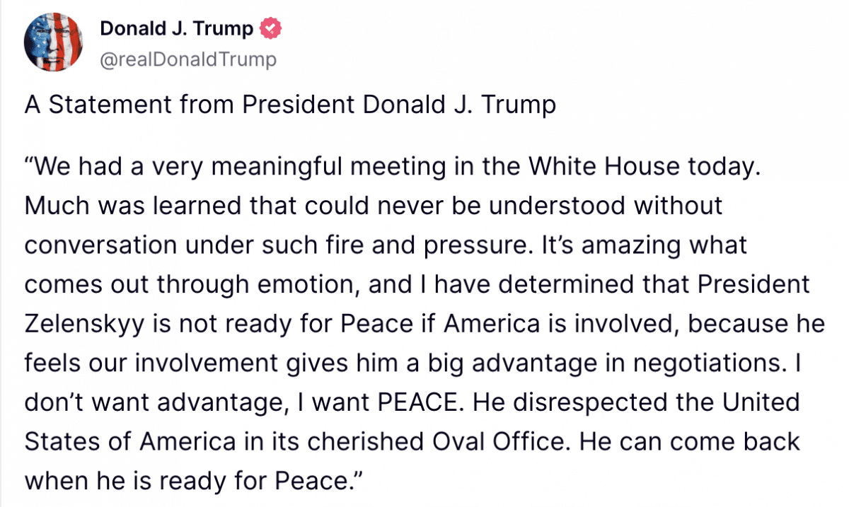 President Donald Trump calls Volodymyr Zelensky disrespectful following their meeting at the White House