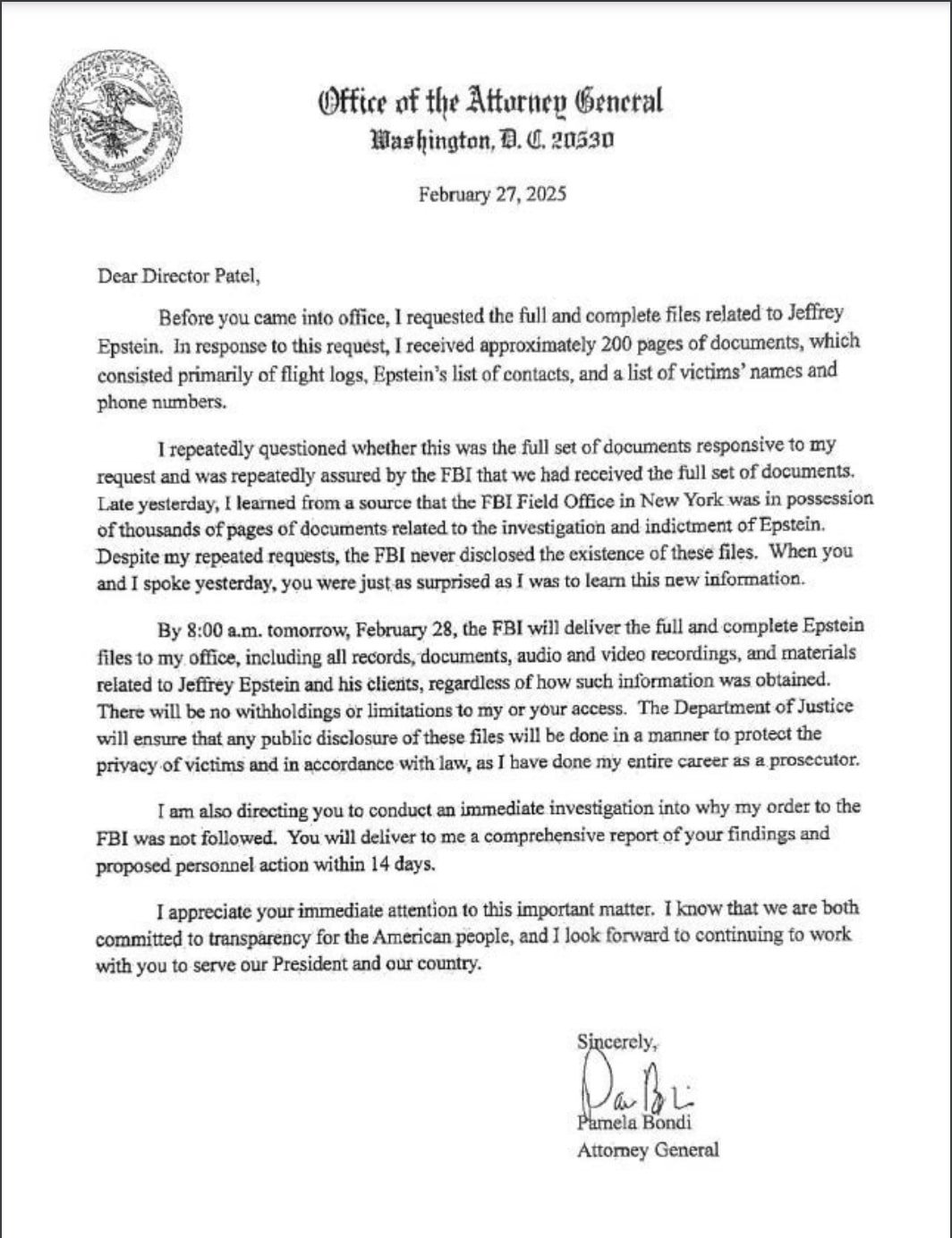 letter from Pam Bondi to Kash Patel 