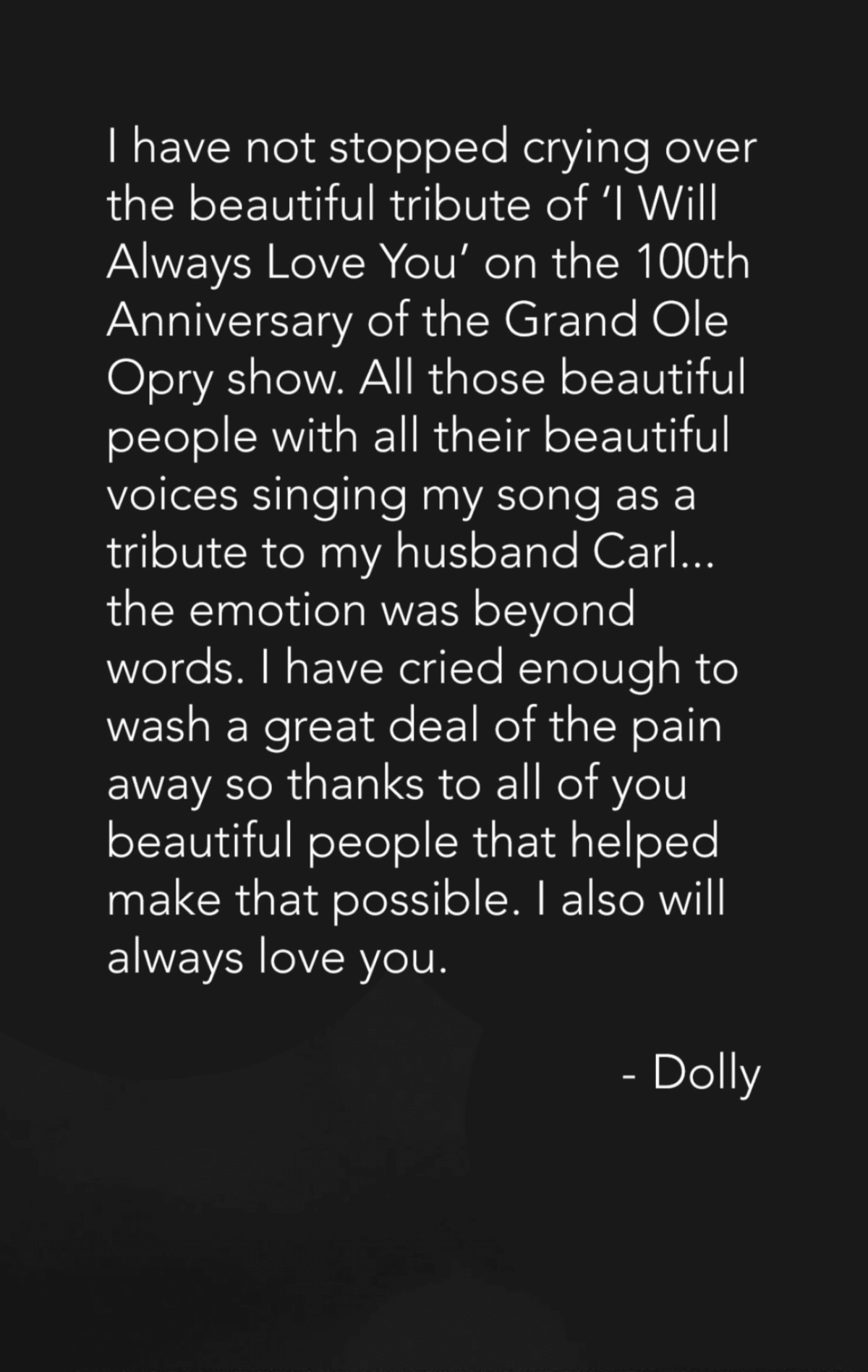 Dolly Parton's emotional reaction to Opry 100 tribute