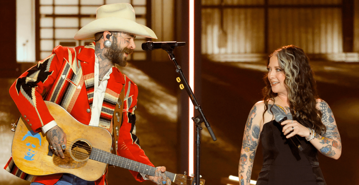 Ashley McBryde and Post Malone sing together during the "Opry 100" TV special.