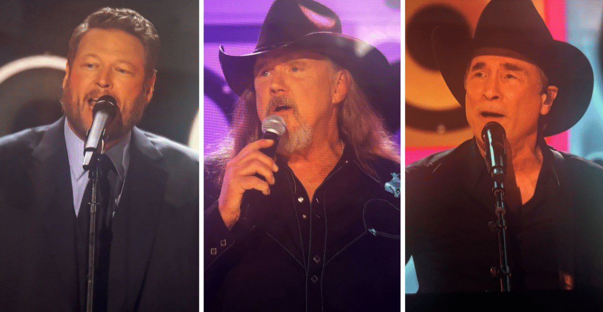 Blake Shelton, Trace Adkins, and Clint Black sing a '90s medley on Opry 100.