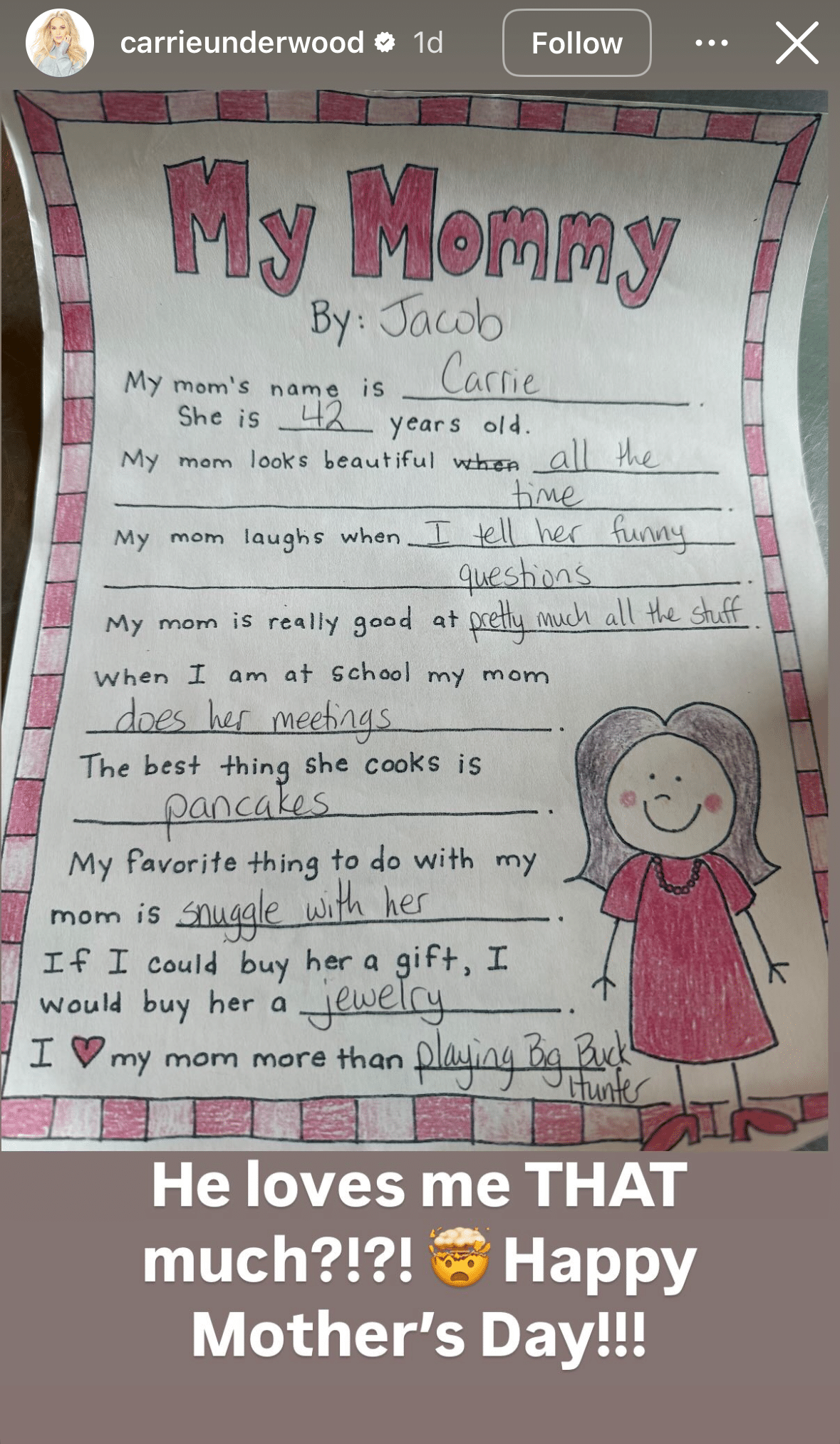 Carrie Underwood's son Jacob wrote her this note for Mother's Day