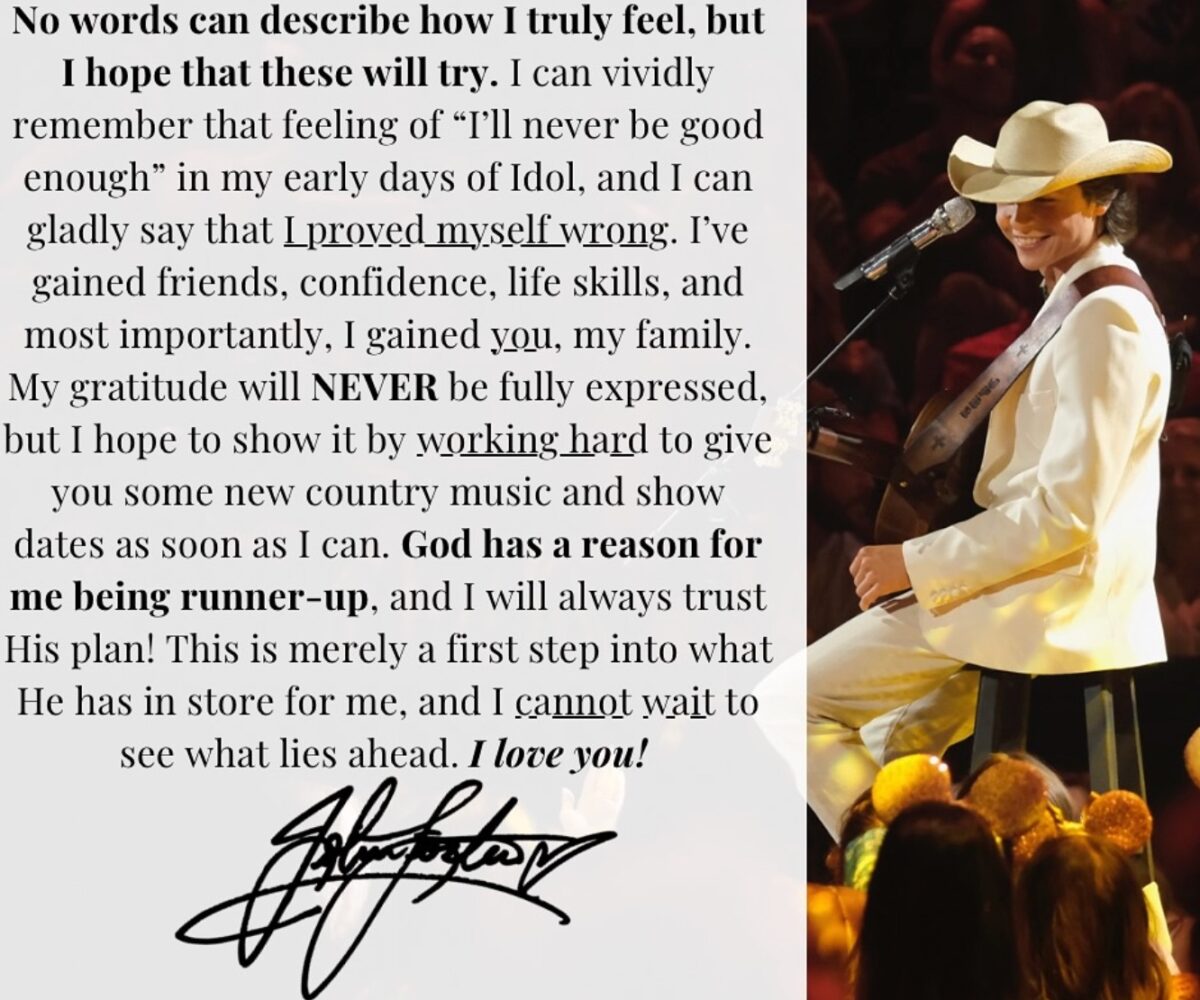 John Foster's Instagram statement after placing second on American Idol