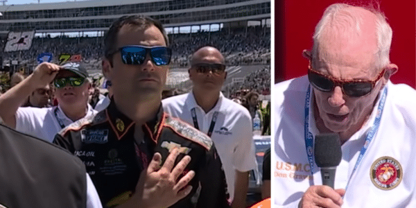 Veteran sings national anthem at NASCAR race