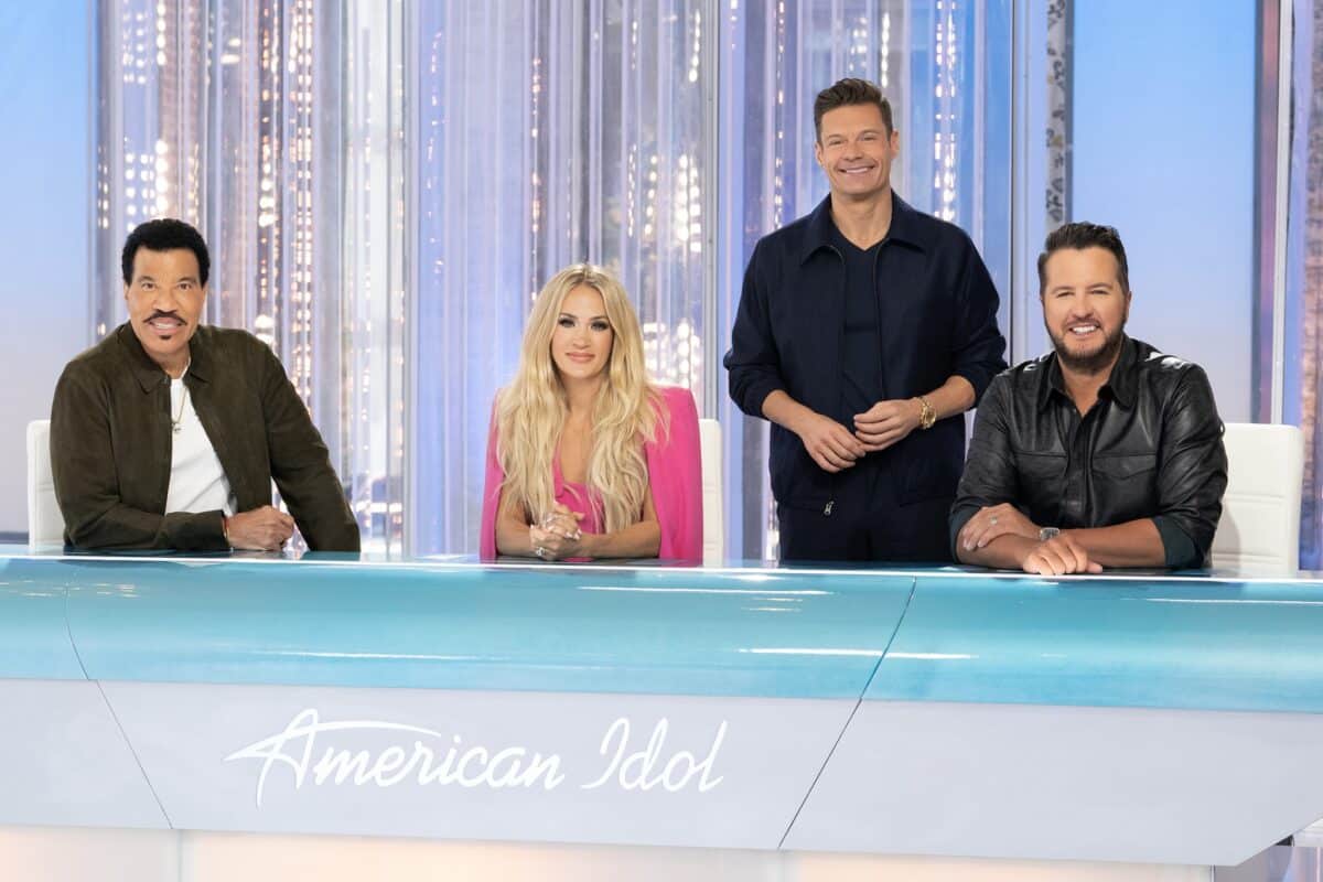 Carrie Underwood, Ryan Seacrest, and Luke Bryan on the set of American Idol auditions