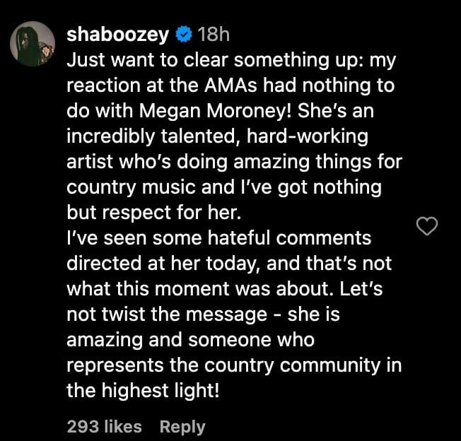 Shaboozey comments on Megan Moroney's Instagram Account
