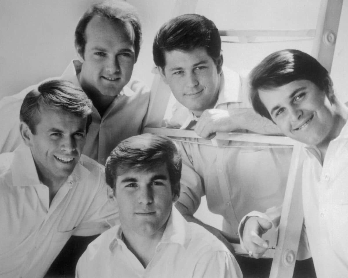 Clockwise from left, the Beach Boys are Al Jardine, Mike Love, Brian Wilson, Dennis Wilson, and Carl Wilson.