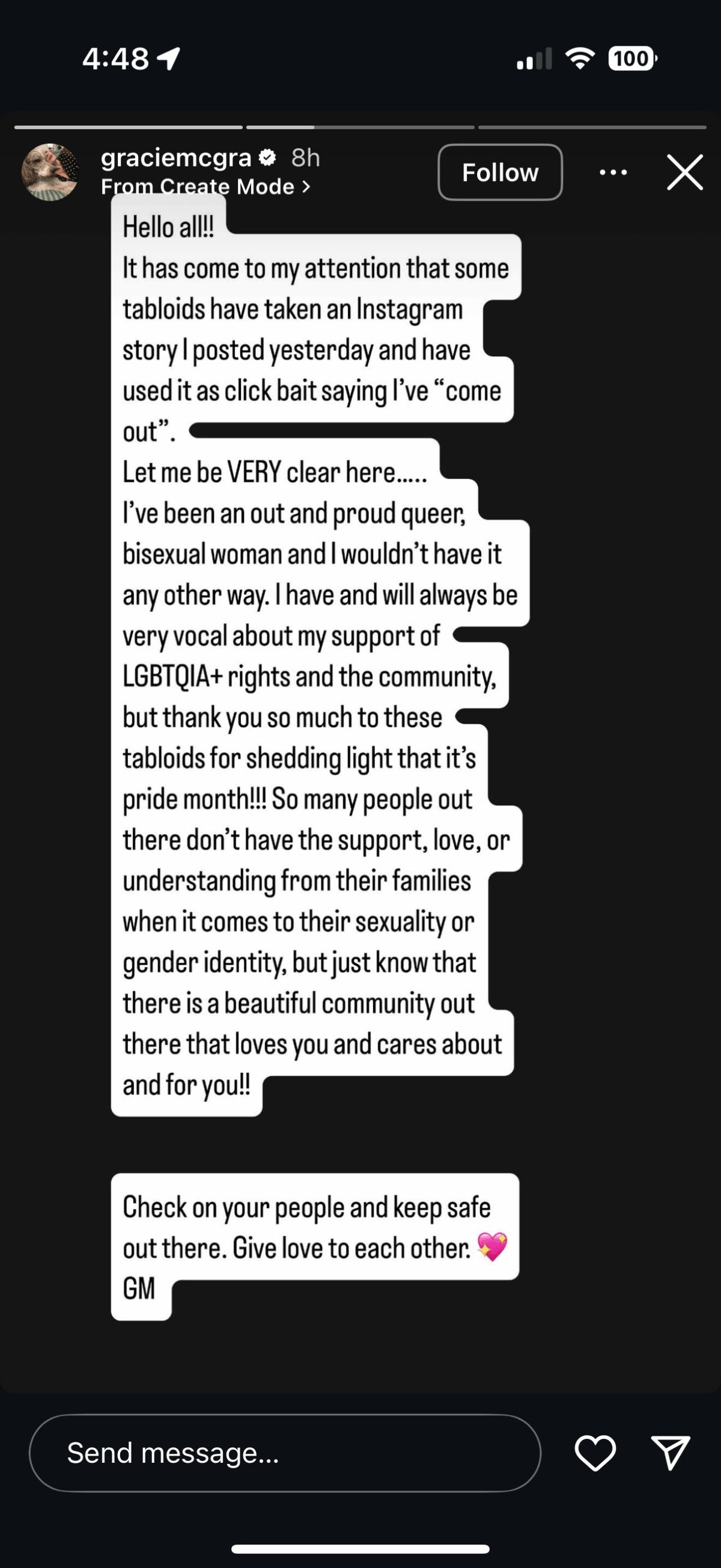 Gracie McGraw addressing claims that she had come out. (Photo Credit: Gracie McGraw / Instagram)