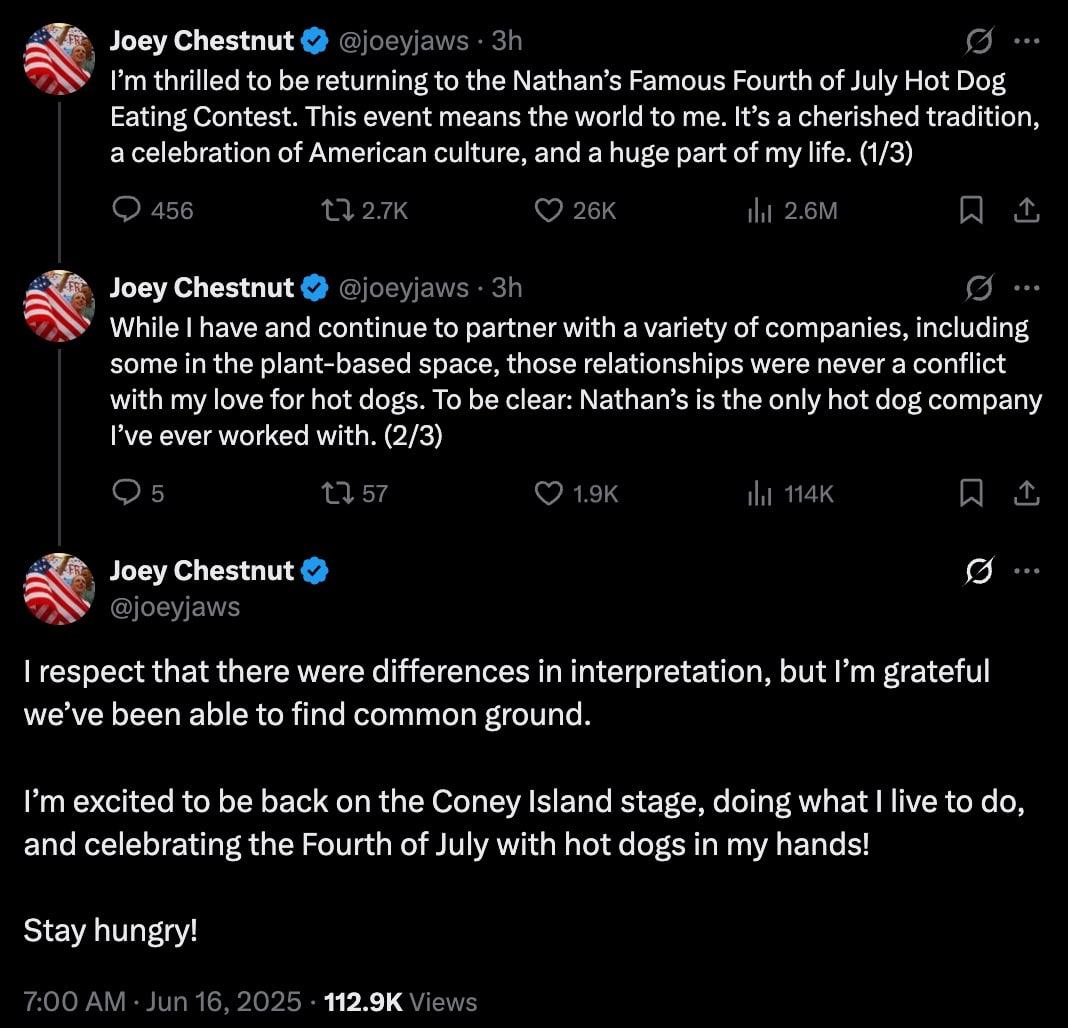 Joey Chestnut announces he is returning to Nathan's Famous Hot Dog Contest (Joey Chestnut / X)