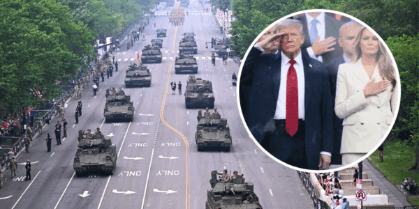 Armored vehicles move through the nation's capital on June 14 for the first military parade in the United States since 1991.